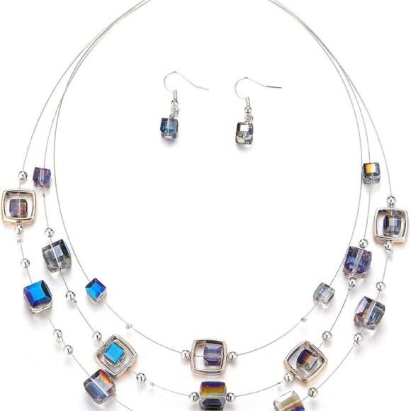 Erraly Jewelry - Layered Silver Beaded Necklace for Women Square Crystal Beads Statement Collar N